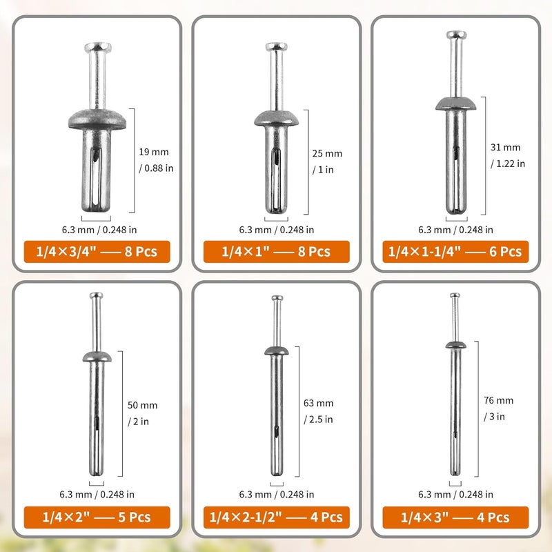 ALLOYPRO Hammer Drive Nail-in Anchors, 6 Sizes Assortment – Cement Wall Anchors for Concrete Brick Block – Zinc Plated Masonry Fasteners for Electrical Boxes, Brackets, Frames，35 PCS - Image 2